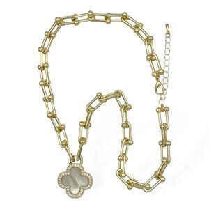 GOLD BALL CHAIN NECKLACE WITH MOTHER OF PEARL CLOVER PENDANT WITH PAVE CRYSTAL